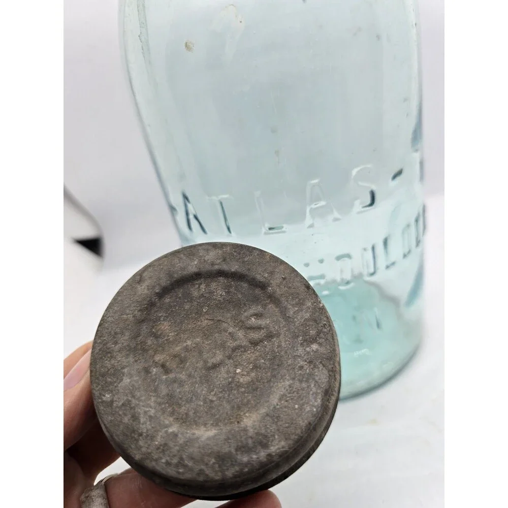 Atlas Strong Shoulder Mason Half Gallon Aqua Blue Jar w/Ball Zinc Lid Vintage